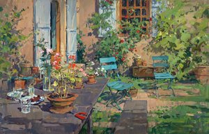 Terrace with Green Chairs, Burgundy